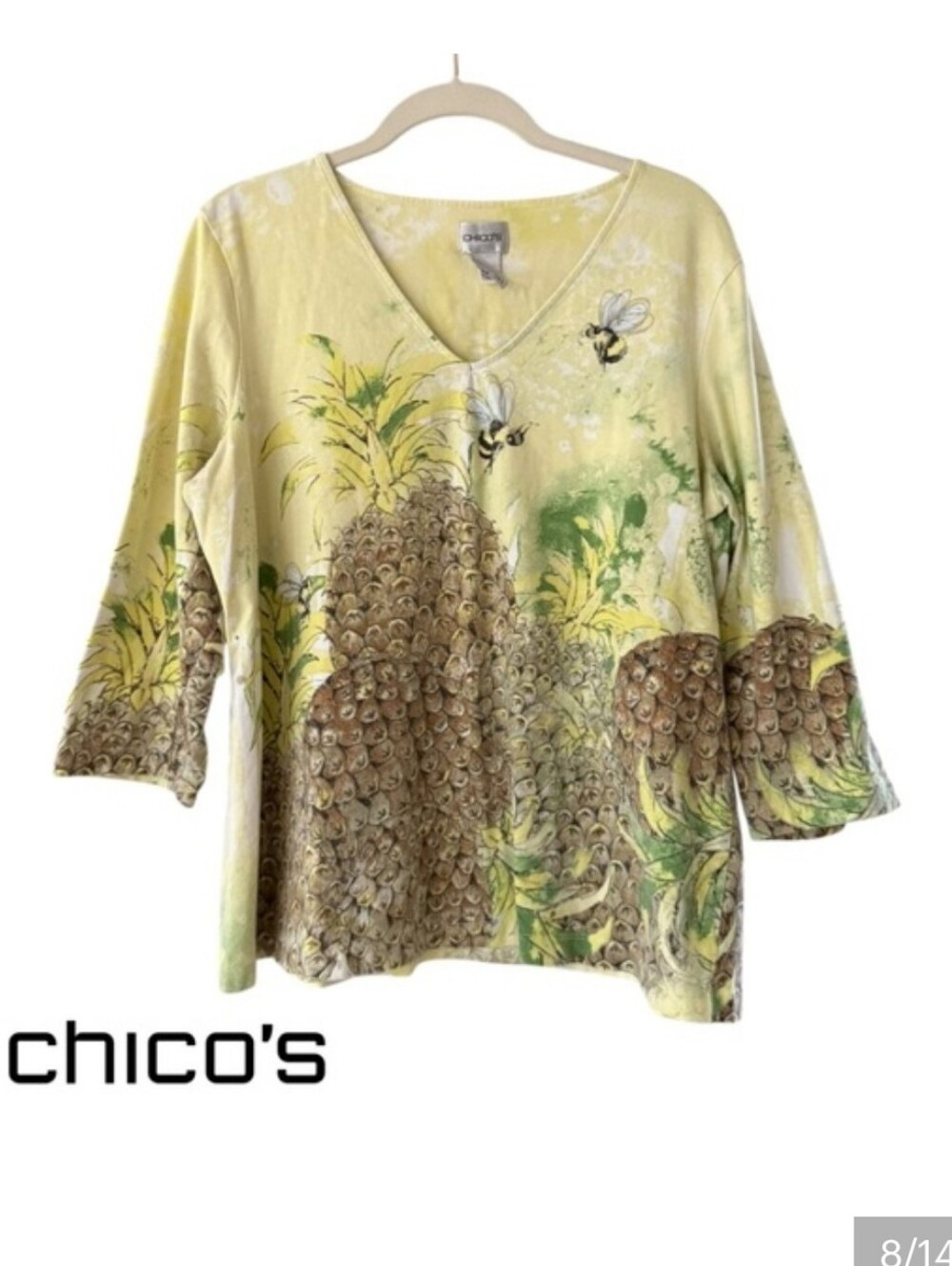 Chico's Pineapple & Bee V-Neck Tunic in Yellow and Green XL